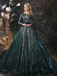 Evening Dress A-Line Jewel Neck With Train Long Sleeves Zipper Lace Lace Formal Party Dresses, fast delivery worldwide. Dorne Fashion, Long Sleeve Lace Dress Formal, Green Fantasy Dress, Coronation Outfit, Court Train Prom Dress, Lace Formal Dress, Fantasy Gowns, Formal Party Dress, Long Sleeve Sequin