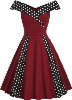 1950s Style A-line Polka Dot Dress, 1950s Style Polka Dot Knee-length Dress, Pin Up Dresses, Buy Vintage, Red Wine, Red Dress, Pin Up, Off The Shoulder, Polka Dot