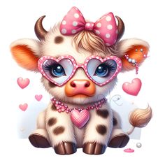 a cute cow with glasses and a bow on it's head sitting next to hearts