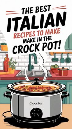 This PIN features "The Best Italian Recipes to Make in the Crock Pot" with a cozy kitchen setting and a slow cooker simmering a delicious meal. It's a great visual for those seeking simple, flavorful Italian crockpot meal ideas, perfect for busy days or easy prep dinners. Sausage Crockpot, Crockpot Dinners, Ground Italian Sausage