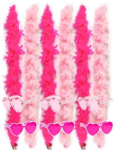 pink feather boa with heart shaped sunglasses on top and two hearts in the middle