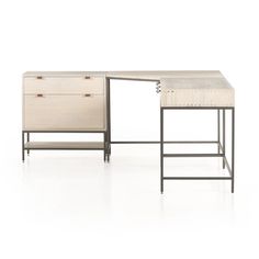 two desks, one with a drawer and the other with an open file cabinet