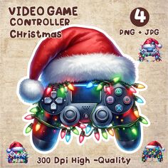 the video game controller has been decorated with christmas lights and santa claus's hat