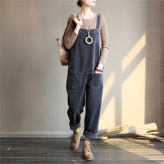 This is corduroy Overalls, it is have five pockets. Color:Khaki/Gray/Black/Blue/Beige Material: Khaki/Gray/Black 100% Cotton Blue/Beige:100% Linen Model Size:Height:165 cm/5.4 ft Weight: 47.5 K G Size: S:Bust to Cuff Length:100 cm,Waist:84 cm,Hip:94 cm, M:Bust to Cuff Length:110 cm,Waist:90 cm,Hip:100 cm, L:Bust to Cuff Length:115 cm,Waist:96 cm,Hip:106 cm, XL:Bust to Cuff Length:123 cm,Waist:105 cm,Hip:116 cm, Gift: If this is a Gift,please tell me your telephone number and time .so I can free Long Overalls, Womens Jumpsuits Casual, Vintage Jumpsuit, Jumpsuit Casual, Corduroy Overalls, Denim Dungarees, Overalls Pants, Plus Size Vintage, Casual Jumpsuit