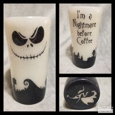 three different shot glasses decorated to look like jack skellingy from the nightmare before coffee