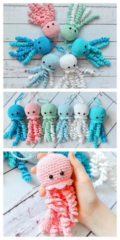 the crocheted octopus is being held up by someone's hand, and there are