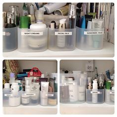 three pictures of different containers containing cosmetics and personal care items on a shelf in a bathroom