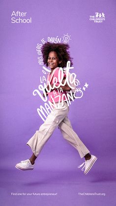 a woman in pink shirt and white pants posing for a photo on purple background with words above her head