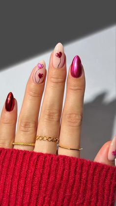 IG: @thenaillologist Chrome Nails With Design, Chestnut Nails, Cocktail Nails, Shellac Nails Fall, Red Chrome Nails, Holiday Manicure, Nails With Design, Classy Acrylic, Colourful Nails