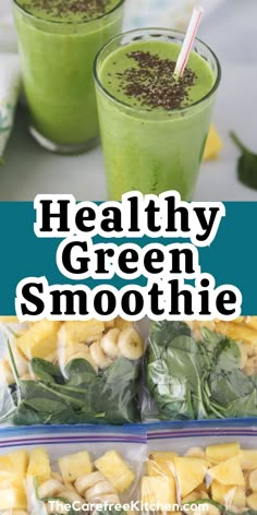 healthy green smoothie with bananas, spinach and pineapple on the side in plastic bags