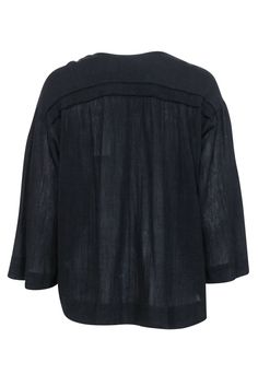 Textured black top by Vince. This semi sheer piece is great layer to bring on any trip, especially vacation! Breezy cotton feels good on the skin and the neck tie allows it to be worn two ways: tied to create a keyhole neckline or left open for a more casual look. Size S 100% Cotton V-neckline with ties Semi sheer Bust 52" Waist 52" Shoulder to hem 24" Sleeve length 16" Black Cotton Blouse For Vacation, Versatile Black Tops For Vacation, Black Cotton Vacation Blouse, Versatile Black Linen Top, Relaxed Fit V-neck Top With Button Closure, Edgy Black V-neck T-shirt, Black Fitted T-shirt With Button Closure, Black V-neck Moisture-wicking T-shirt, Black Moisture-wicking V-neck T-shirt