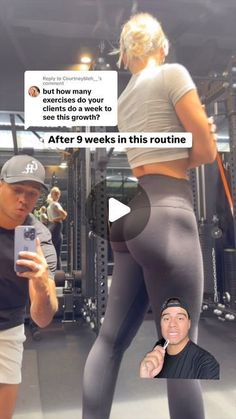 a man and woman standing in front of a gym machine with the caption after 9 weeks in this routine