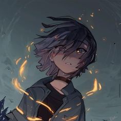 an anime character with grey hair and blue eyes, standing in front of fire flames