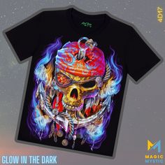 T-Shirt Black 4D Rock Chang Original Colorful Pirate Skull Glow in the Dark Unisex   100% Cotton, with art print We have all sizes, if you do not see yours please message me and  I will order it directly from the supplier and get it for you! Made in Thailand Halloween Multicolor Graphic Print T-shirt, Multicolor Skull Print Tops For Halloween, Halloween Multicolor Skull Print Tops, Casual Skull Print T-shirt For Festivals, Multicolor Skull Print T-shirt With Crew Neck, Multicolor Crew Neck T-shirt With Skull Print, Halloween Festival Graphic Print T-shirt, Pirate Skull, Black T Shirt