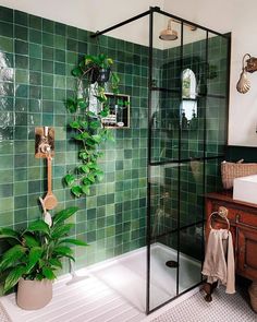 a bathroom with green tiles and a plant in the corner, next to a shower stall