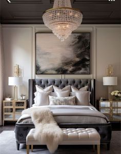 a bedroom with a chandelier hanging from the ceiling and a large painting on the wall