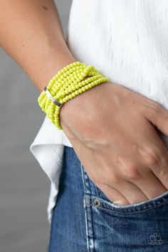 Paparazzi Accessories-Thank Me LAYER - Yellow Bracelet Yellow Bracelet, Mobile Boutique, Rose Gold Beads, Jewelry Images, Paparazzi Accessories, Blue Gems, Layered Bracelets, Paparazzi Jewelry, Inspired Outfits