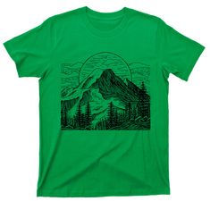 "This comfy \"Full Moon Rising Behind Mountains\" tee shirt is a Seas Of Tees tribute to those who love to get out and enjoy nature and is silk screen printed by hand with black ink on a 100% cotton Gildan or Anvil T Shirt. Your satisfaction in our hand silk screen printed t shirts is our priority. Never hesitate to reach out and message us with any questions, comments or concerns. We will get back to you promptly." Green Graphic Tee For Outdoor Activities, Green T-shirt For Outdoor Activities, Outdoor Green T-shirt With Graphic Print, Green Graphic Print Outdoor T-shirt, Green Graphic Print T-shirt For Outdoor, Green Printed T-shirt For Outdoor Activities, Mountain Tee Shirt, Air Graphic, Full Moon Rising