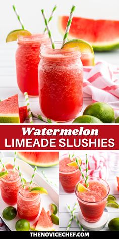 watermelon limeade slushies in mason jars with straws