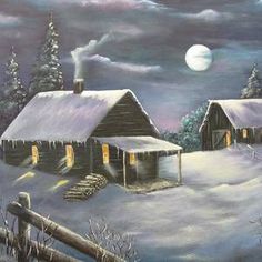 a painting of a cabin in the winter with snow on the ground and full moon behind it