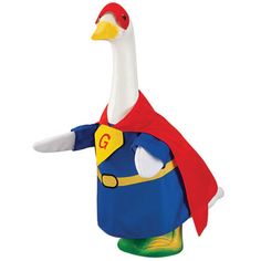 a duck dressed as superman pointing to the right with his arm outstretched and head down