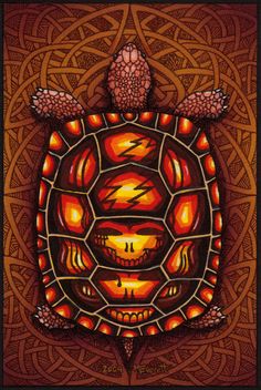 a painting of a tortoise with red and orange colors