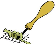 a drawing of a person cutting something with a large wooden handled tool on top of it