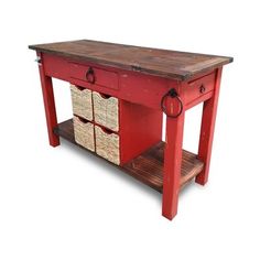 a red table with two baskets on top and one drawer underneath it, against a white background