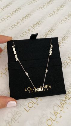 This adorable mini name necklace now comes with diamonds in between each name! Price is based on how many names you enter. Goes up as you enter more names. Example: if entering 4 names, select 4 for # of names. If you want to order one with a date, please use dashes ONLY in between the numbers. EXAMPLE: 14K Yellow Gold, 3 names, 4 diamonds - $1600 Name #1: zoey Name #2: max Name #3: jagger 2 names: 1 or 3 diamonds - if 1 it will be in between the name, if 3 it will be on every side of the names Luxury Sterling Silver Nameplate Necklace, Luxury Personalized Sterling Silver Name Necklace, Luxury Sterling Silver Name Necklace, White Diamond Nameplate Necklace, Personalized Silver Nameplate Diamond Necklace, Luxury Personalized Silver Name Necklace, Luxury Sterling Silver Custom Name Necklace, Luxury Personalized White Gold Name Necklace, Luxury Custom Name Sterling Silver Necklace