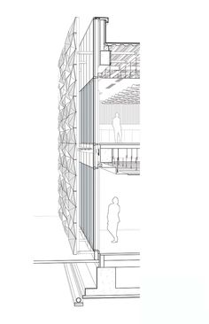 an architectural drawing of the side of a building with people walking around it and on the ground