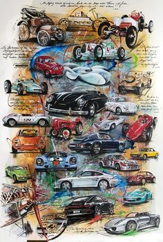 a drawing of many different types of cars