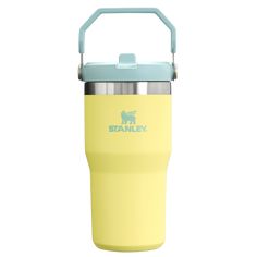 a yellow and blue insulated water bottle with the word stanley on it's side