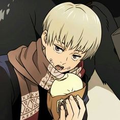 an anime character holding a piece of food in his hand and looking at the camera