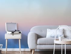 a living room with a couch, table and laptop on the coffee table in front of it