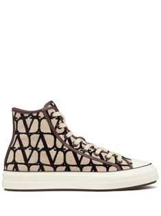 beige/brown cotton all-over logo print logo patch at the tongue round toe front lace-up fastening flat rubber sole Valentino Garavani Sneakers, Baddie Vibes, Logo Shoes, Formal Loafers, Leather Cap, Hi Top, Beige Brown, Print Logo, Leather Accessories