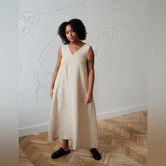 I Recently Made My First Order With Linenfox And Have A Brand New Rue Dress I Am Looking To Sell. Brand New, Unworn, Unaltered. 100% Medium Weight Linen. I Do Have A Dog, But This Has Not Been Out In My House. Low Fragrance/ Low Tox Home. Rue Dress In Beige - L/Xl L-Xl Bust 112 Cm | 44” Hips 146 Cm | 57.4” Length 134 Cm | 52.7” Hem Circumference 216 Cm | 85” Armhole Top To Bottom 11” Beige Relaxed Fit V-neck Midi Dress, Beige Sleeveless Relaxed Fit Dress, Summer Dress Linen, Maxi Linen Dress, Dress Deep V Neck, Dress Minimal, Linen Sundress, Deep V Neck Dress, Long Linen Dress