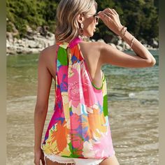 Vibrant Floral Halter Tank Top - Stylish Halter Neck & Sleeveless Design - Resort-Ready Vacation Style For Spring & Summer - Chic Womens Casual Top Xxl /14 V-neck Floral Print Tank Top For Beach, Multicolor V-neck Tank Top For Beach, Stretch Sleeveless Beach Top, Sleeveless Stretch Tops For Beach, Sleeveless Stretch Top For The Beach, Stretch Tank Top For Beach, Tropical Print Sleeveless Halter Top For Beach, Sleeveless Tropical Print Halter Top For Beach, Tropical Sleeveless Halter Top For Vacation