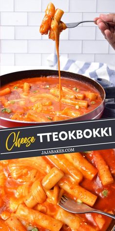 a person is spooning some food out of a large pot with the words cheese teokbookiki on it