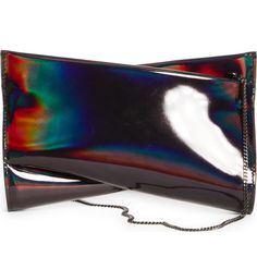 This Refined Clutch Is Shaped With Sophisticated Bold Lines Emphasized By The Liquid-Shine Of The Holographic Italian Calfskin. A Removable Wrist Strap Provides A Chic Hands-Free Carrying Option, While The Louboutin-Red Leather Lining Gives A Luxe Look, Inside And Out. Elegant Multicolor Bags For Night Out, Chic Multicolor Evening Bag For Formal Events, Chic Multicolor Evening Bag For Formal Occasions, Modern Black Clutch For Events, Modern Black Clutch For Night Out, Modern Black Evening Bag For Night Out, Louboutin Bags, Red Louboutin, Wrist Strap