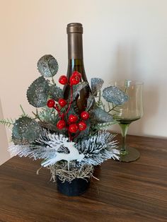 Christmas bottle bouquet, hostess gifts, Christmas party decor, flameless candle, floral bottle attachment, wine bottle bouquet, reindeer by KapitansCreations on Etsy Wine Bottle Bouquet, Hostess Gifts Christmas, Bottle Bouquet, Christmas Party Decor, Flameless Candle