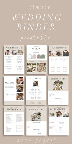 the wedding planner printable is displayed on a beige background with white lettering and photos