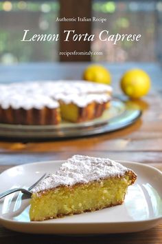 a lemon torta capree on a plate with a fork next to it