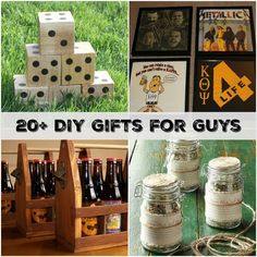 several different items that include beer bottles and wooden blocks with the words 20 diy gifts for guys written on them