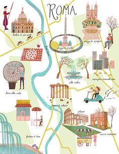 an illustrated map of rome with all the attractions and places to see in roman writing