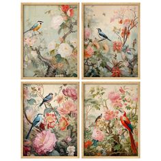 four paintings with birds and flowers on them