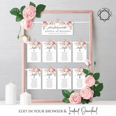 wedding seating chart with pink roses and greenery on the side, next to a candle