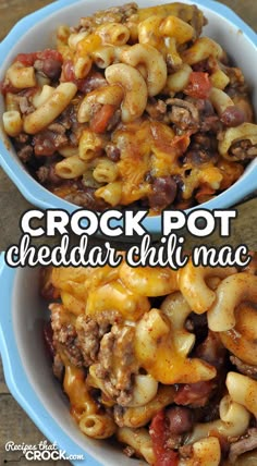 crock pot cheddar chili macaroni and cheese in a blue bowl