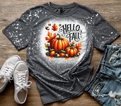 Hello Fall Bleached Tee Shirt will either be Gildan Soft Style 4.5oz or Bella Canvas . Each shirt is unique since the bleaching is done by hand. Shirt Sublimation, Hello Fall, Fall Shirt, Jacksonville Fl, Hello Autumn, Fall Shirts, Soft Style, Fall Pumpkins, Pumpkins