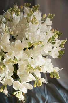 a bouquet of white flowers in a glass vase