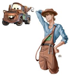 a drawing of a man in overalls and hat next to an old truck with a smiling face on it